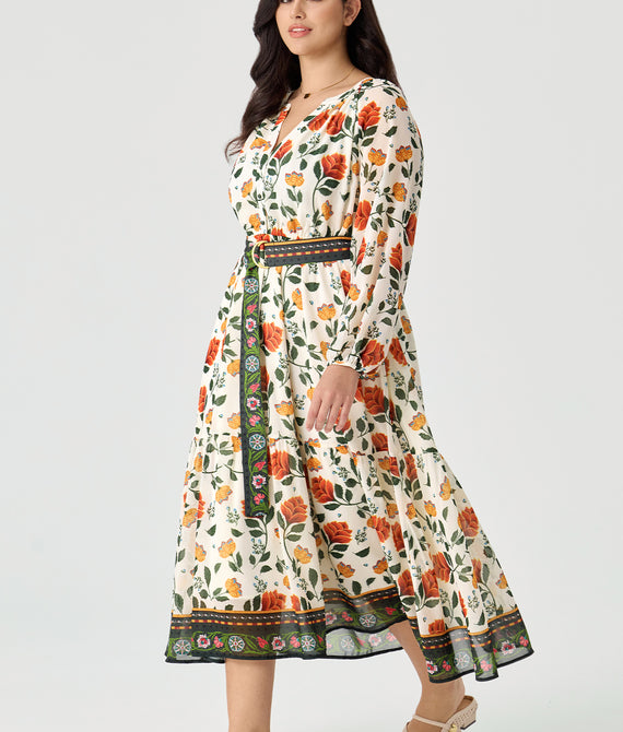 Boho Floral Maxi Dress with Reversible Belt