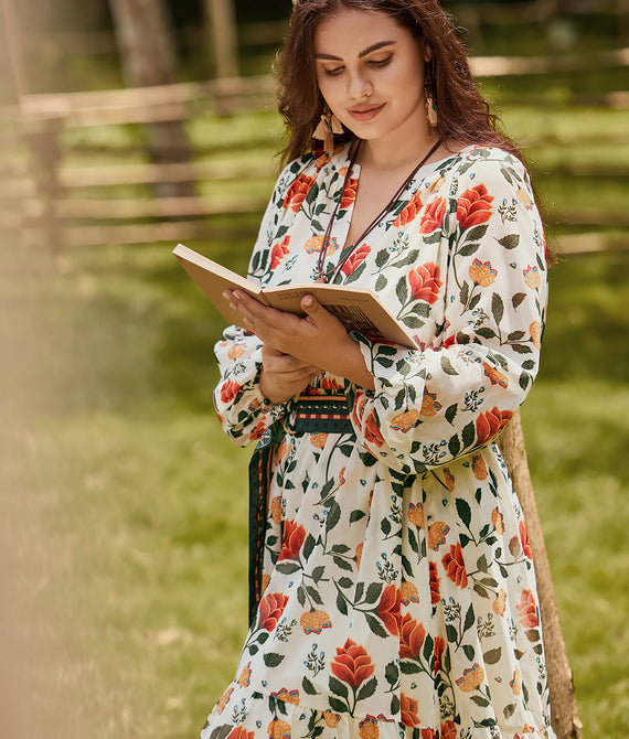 Boho Floral Maxi Dress with Reversible Belt