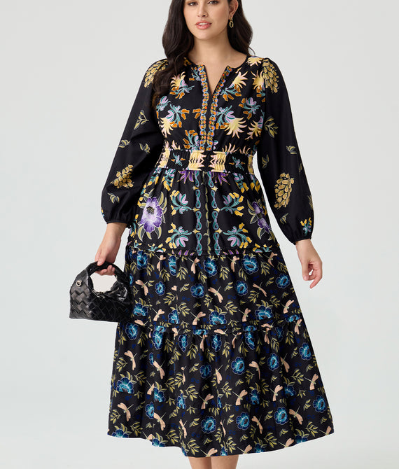 Folkloric Floral Print Smocked Waist Pockets Midi Dress