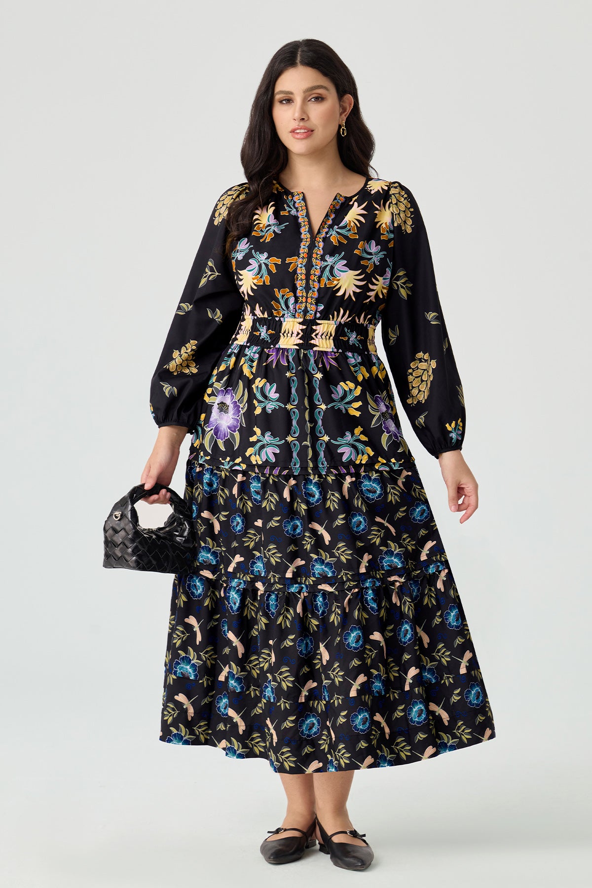 Folkloric Floral Print Smocked Waist Pockets Midi Dress