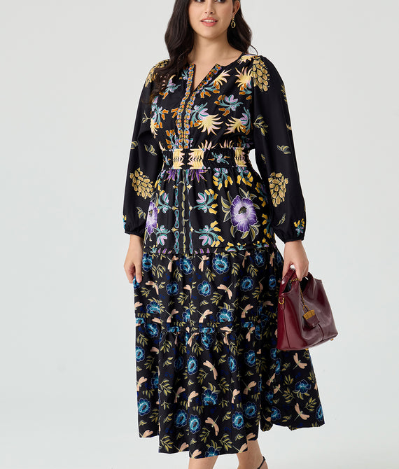 Folkloric Floral Print Smocked Waist Pockets Midi Dress