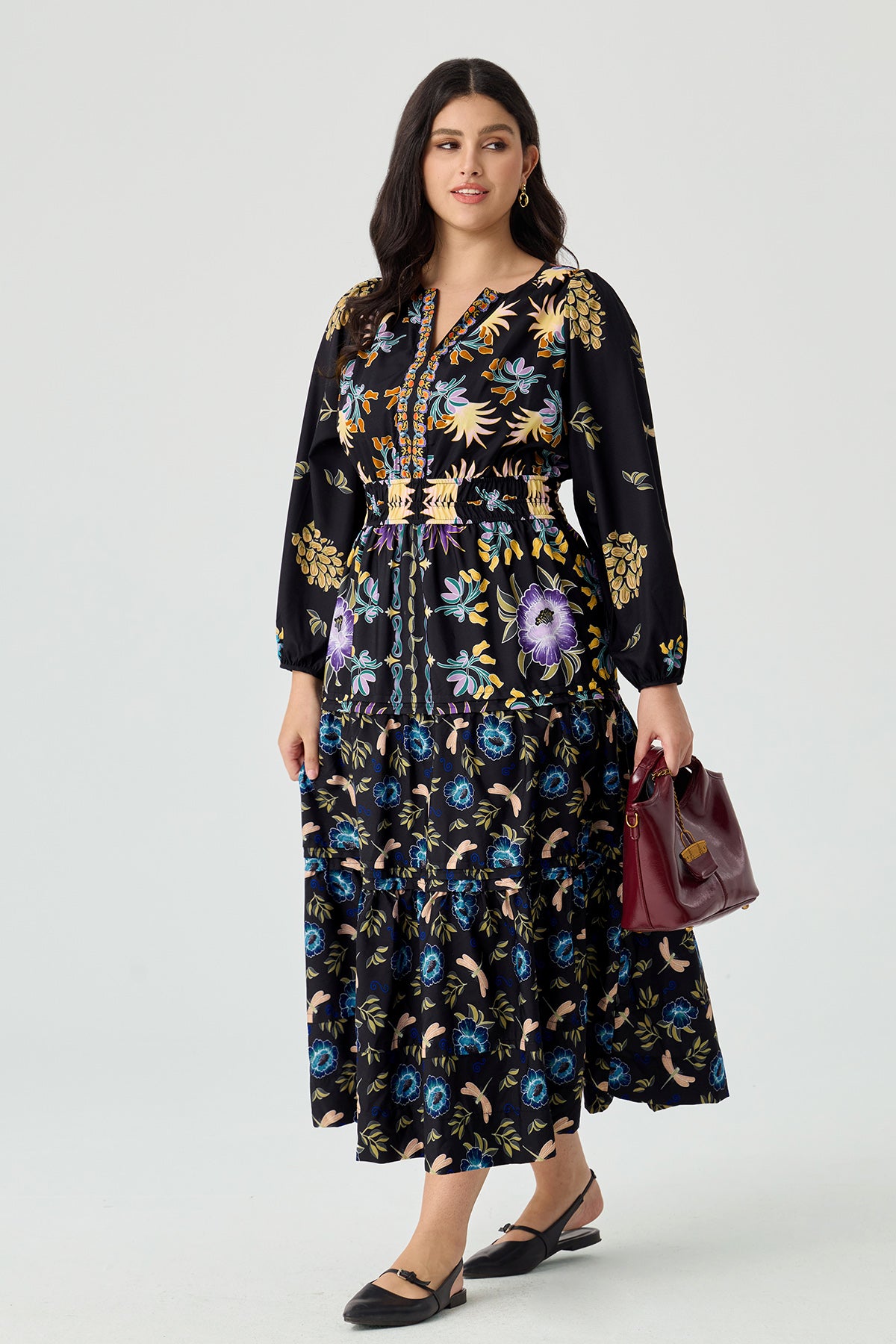 Folkloric Floral Print Smocked Waist Pockets Midi Dress