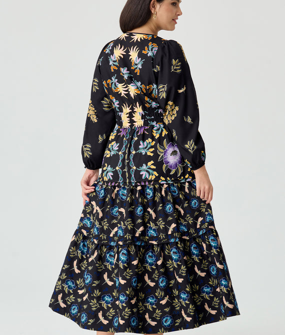 Folkloric Floral Print Smocked Waist Pockets Midi Dress