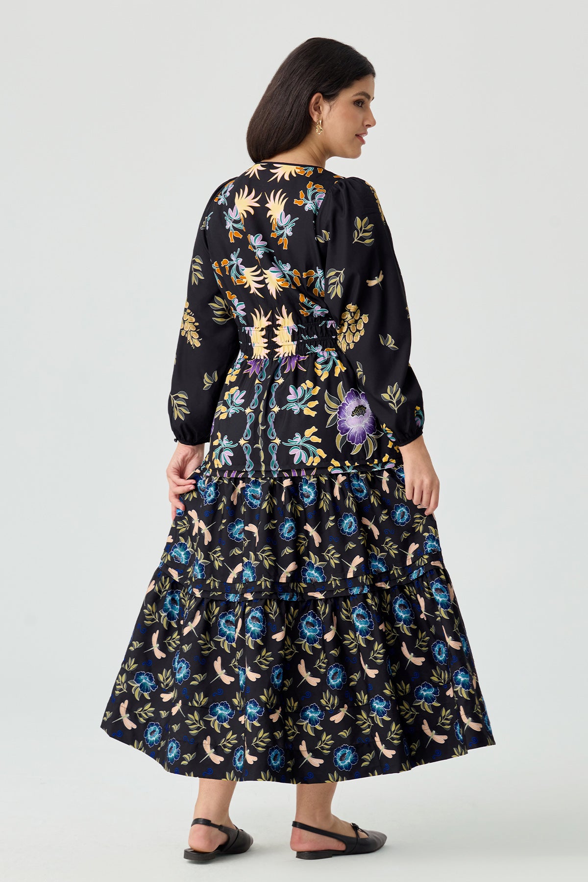 Folkloric Floral Print Smocked Waist Pockets Midi Dress