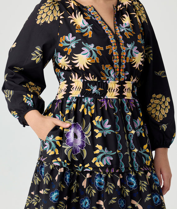 Folkloric Floral Print Smocked Waist Pockets Midi Dress