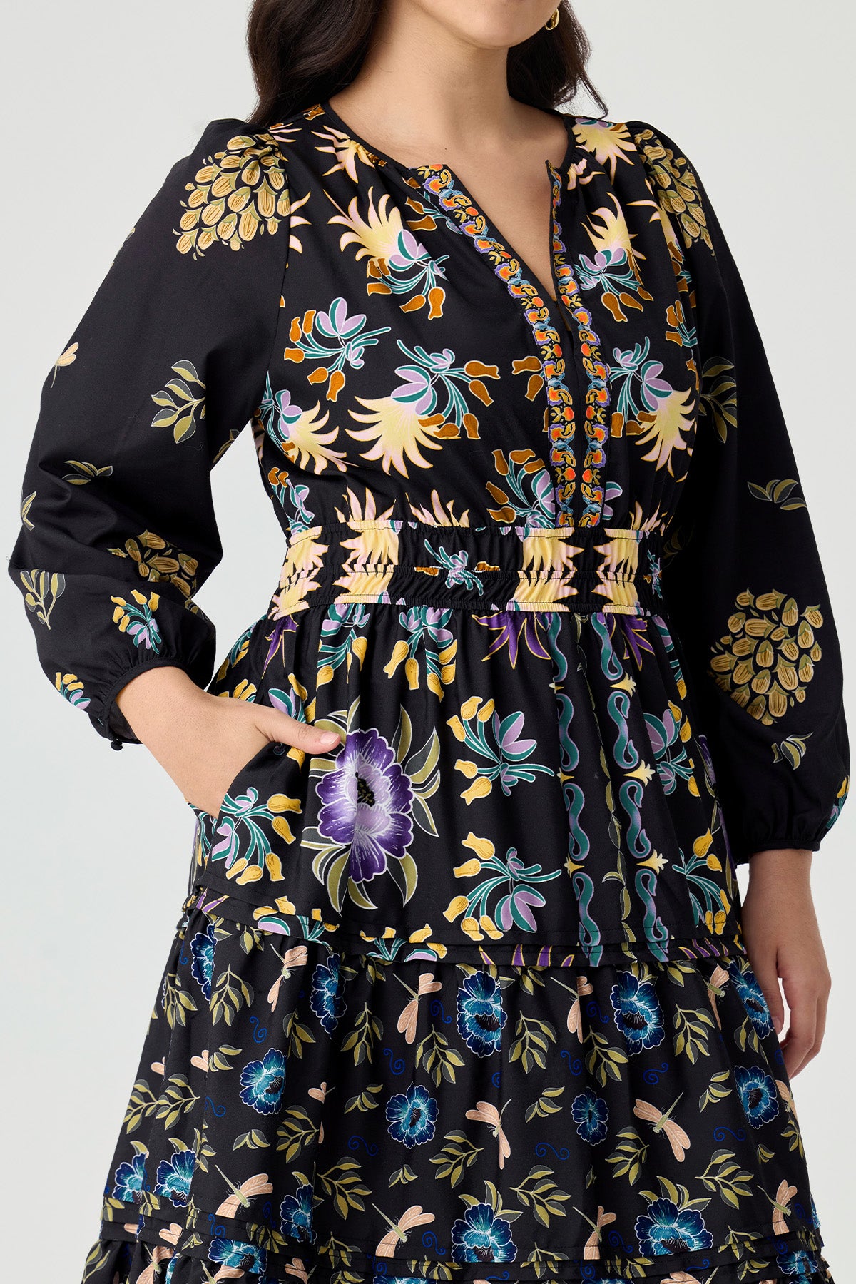 Folkloric Floral Print Smocked Waist Pockets Midi Dress