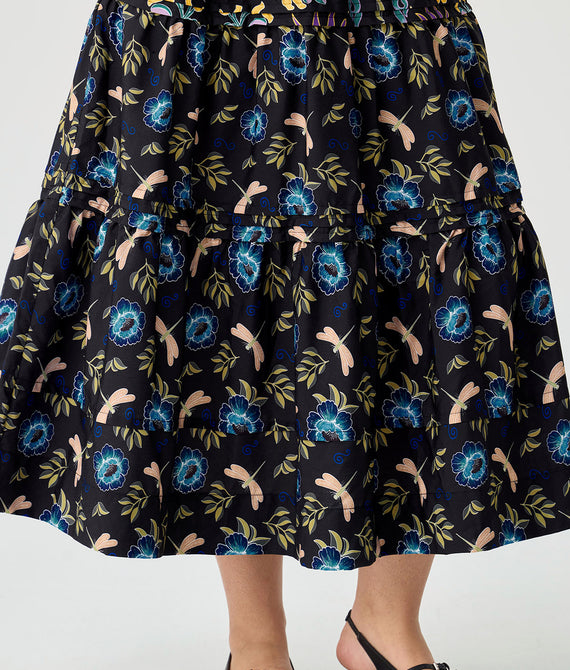 Folkloric Floral Print Smocked Waist Pockets Midi Dress
