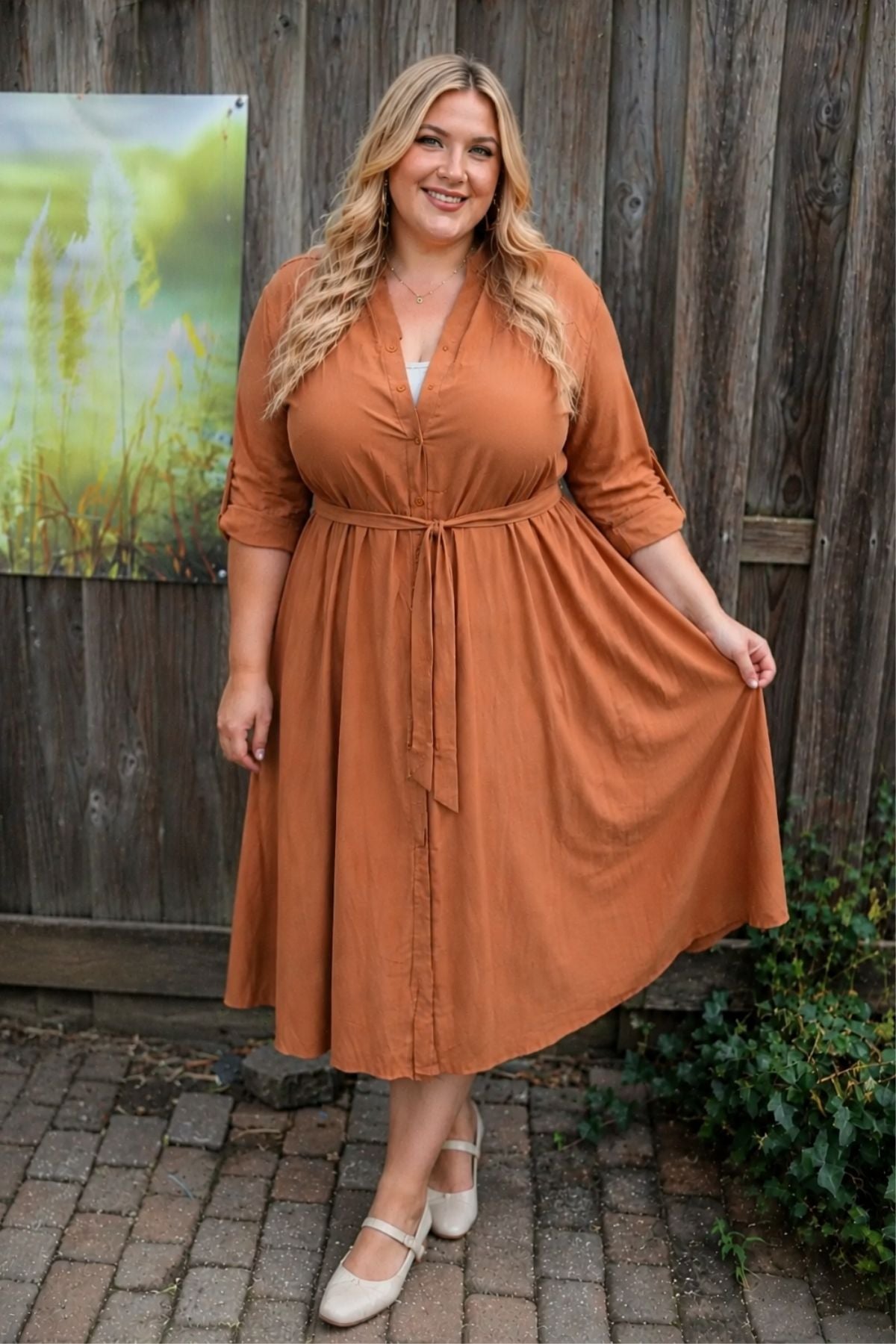 Ritera Pocket Plain Button Front Midi Dress with Tie Waist Belt