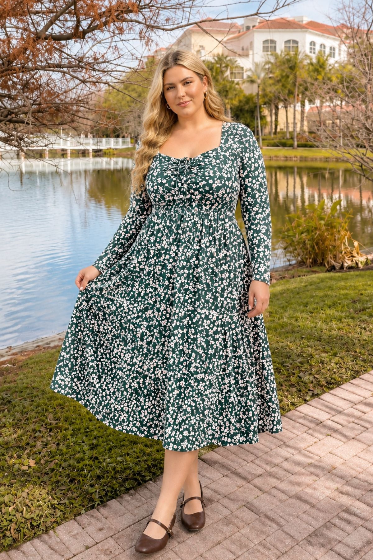 Ritera Pockets Floral Print Sweetheart Tie-Front Midi Dress
