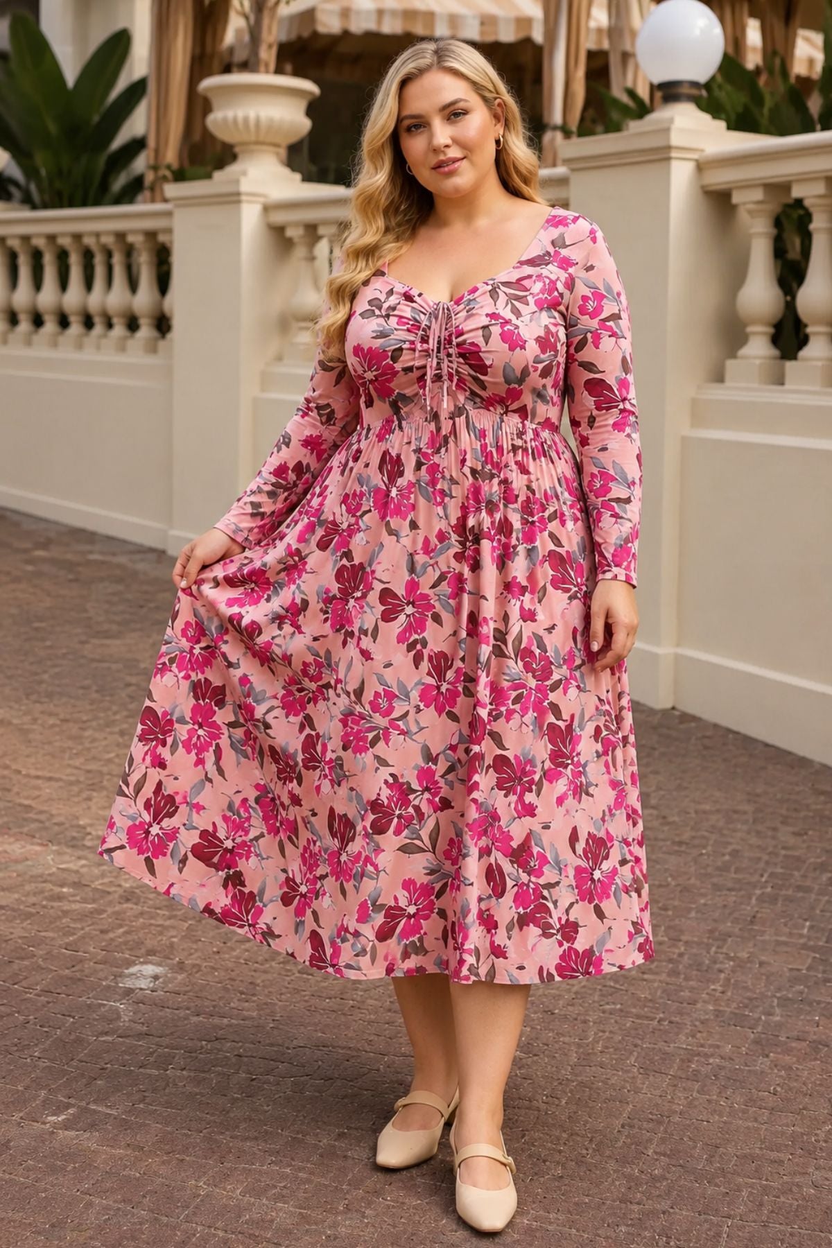 Ritera Pockets Floral Print Sweetheart Tie-Front Midi Dress