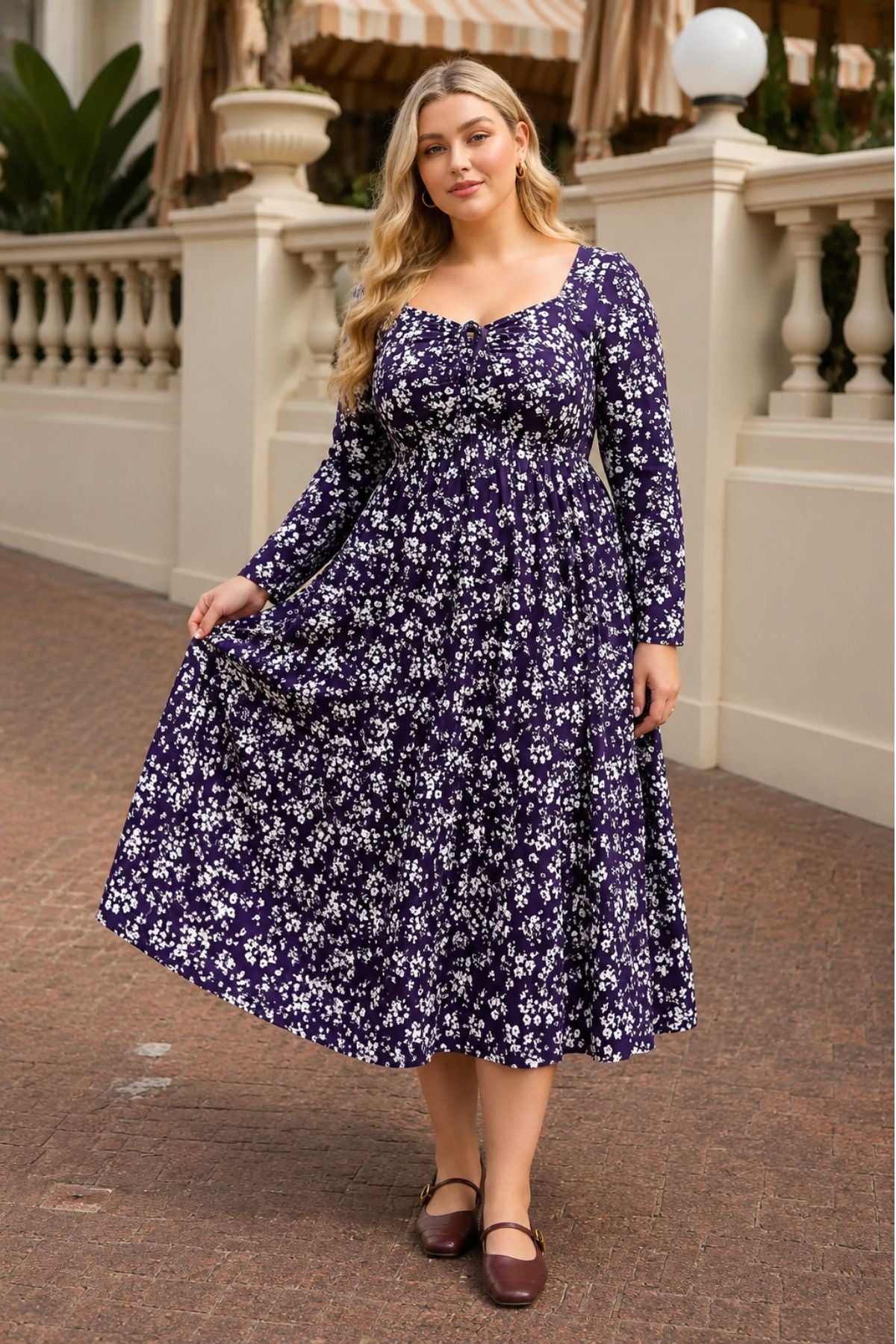 Ritera Pockets Floral Print Sweetheart Tie-Front Midi Dress