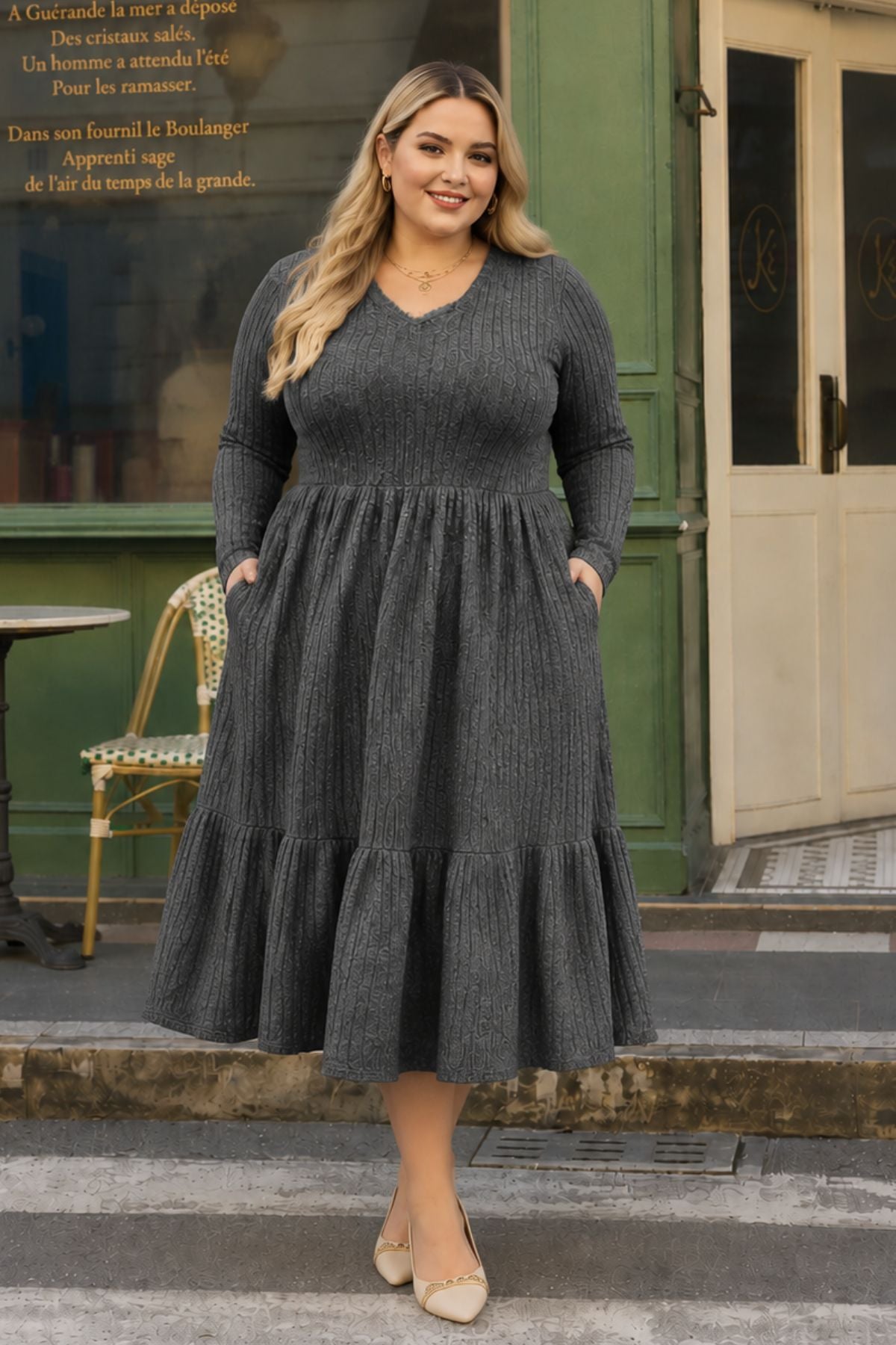 Robe mi-longue plissée en tricot côtelé uni Ritera avec ourlet à volants et poches