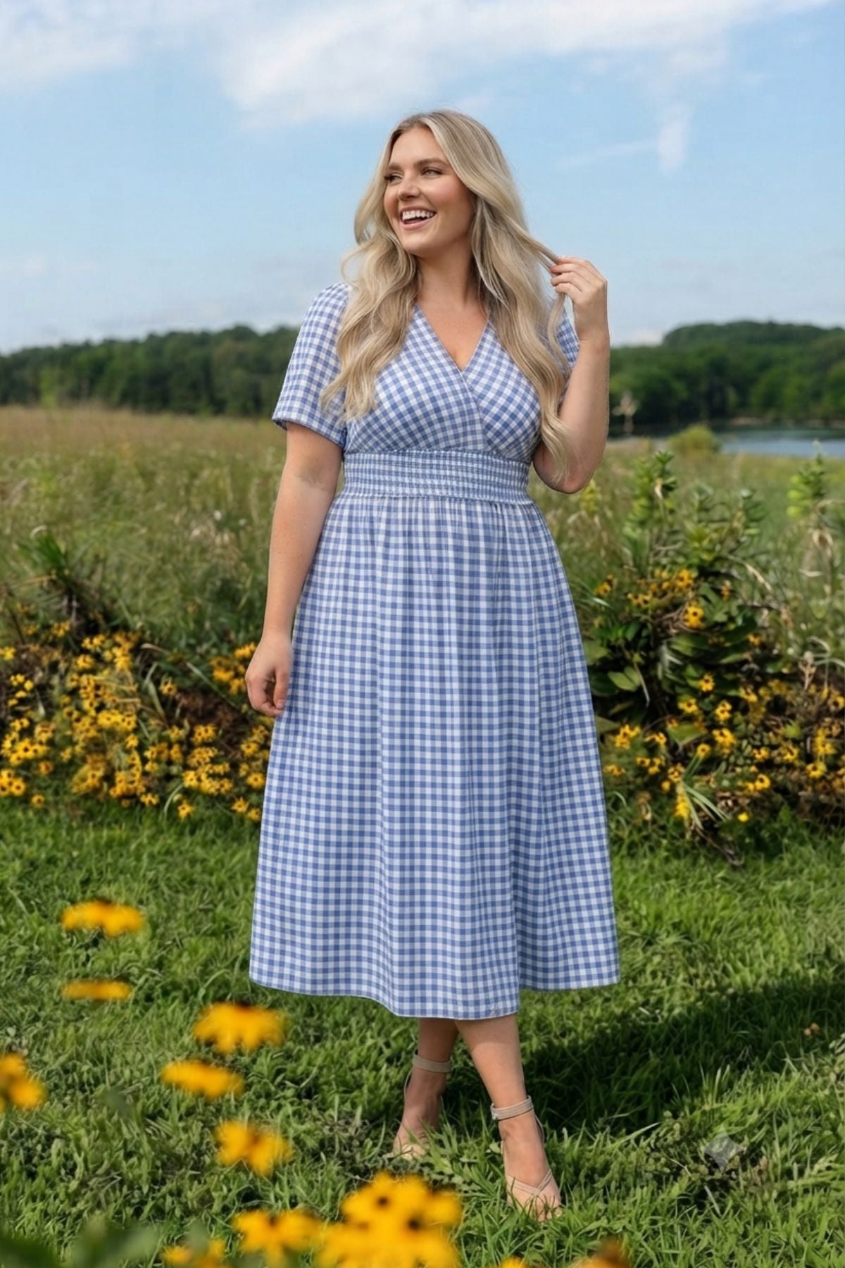 Robe longue trapèze fleurie rose à poches et taille élastiquée Ritera