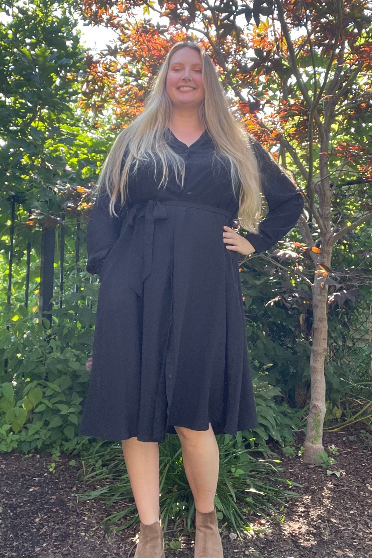 Ritera Pocket Plain Button Front Midi Dress with Tie Waist Belt