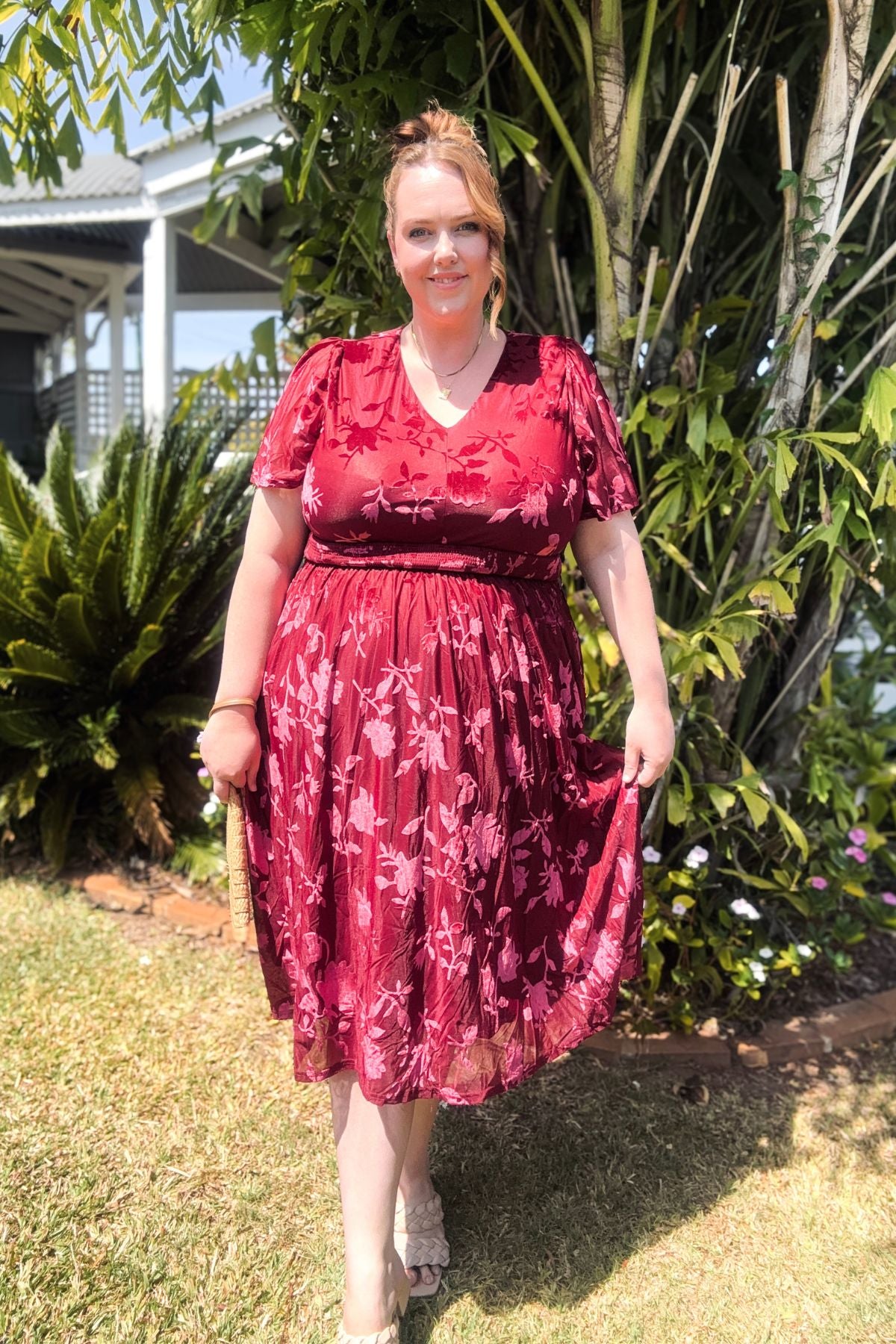Ritera Pockets Smocked Waist Jacquard Floral A-Line Midi Dress