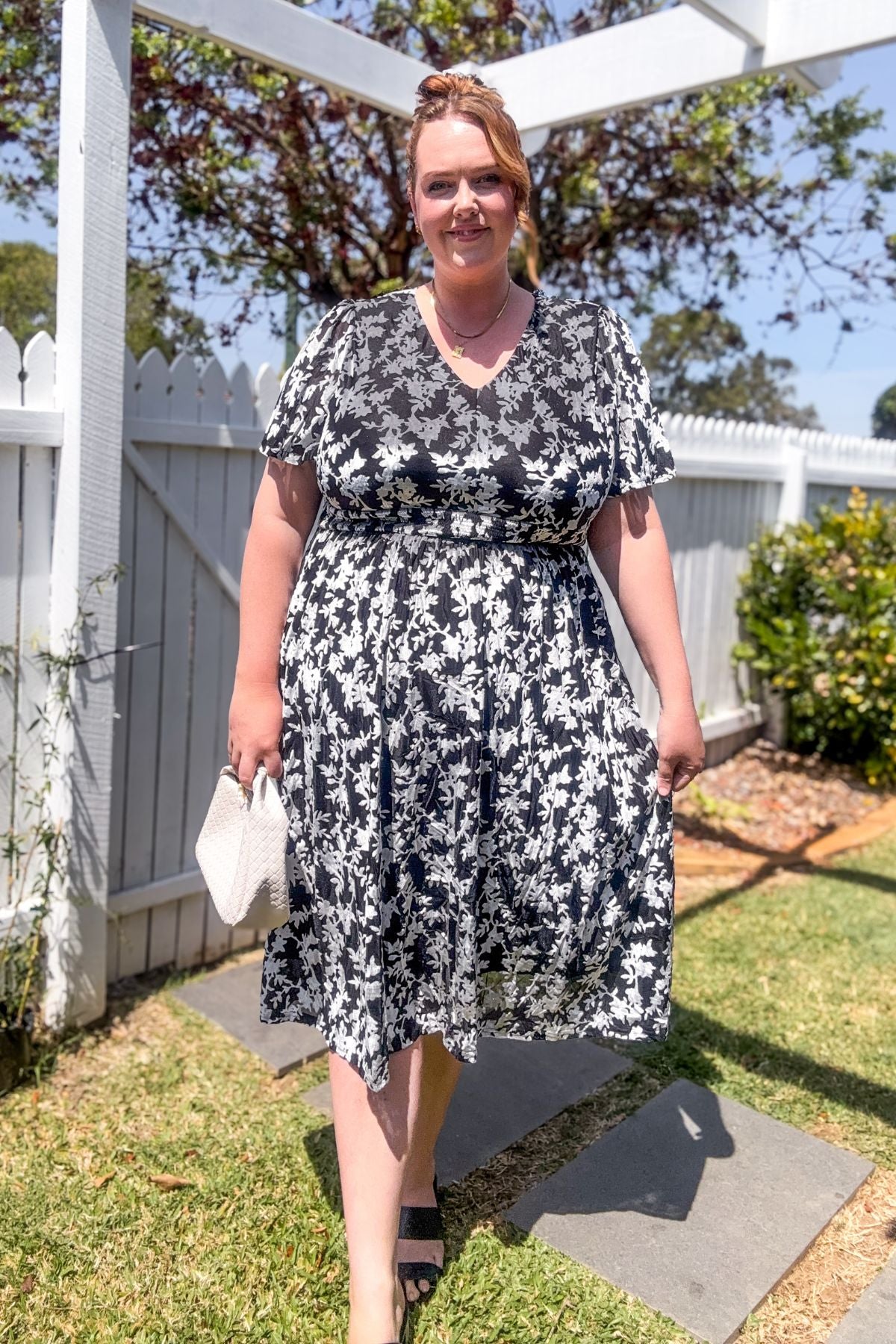 Ritera Pockets Smocked Waist Jacquard Floral A-Line Midi Dress
