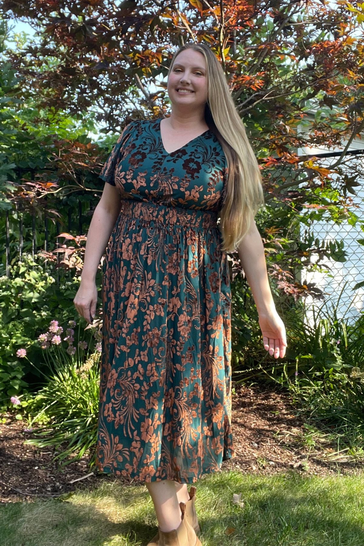 Ritera Pockets Smocked Waist Jacquard Floral A-Line Midi Dress