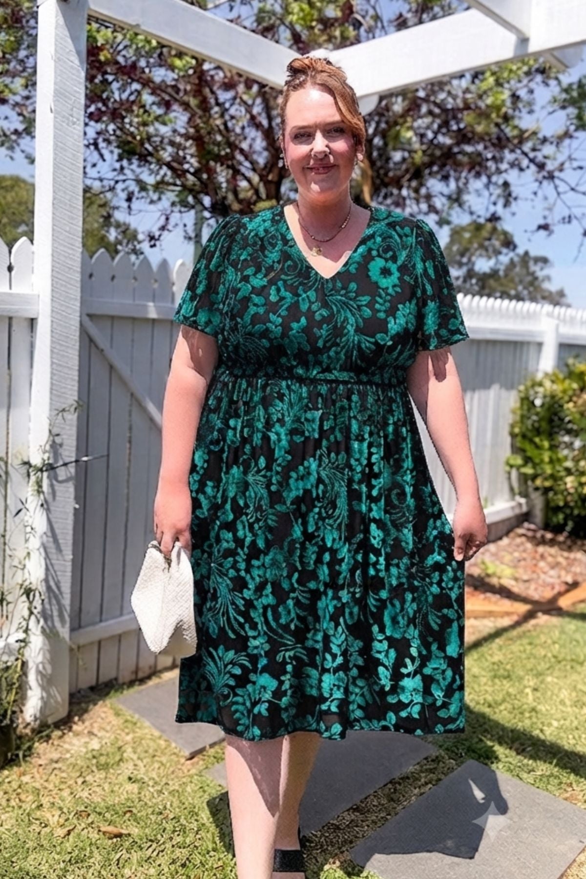 Ritera Pockets Smocked Waist Jacquard Floral A-Line Midi Dress