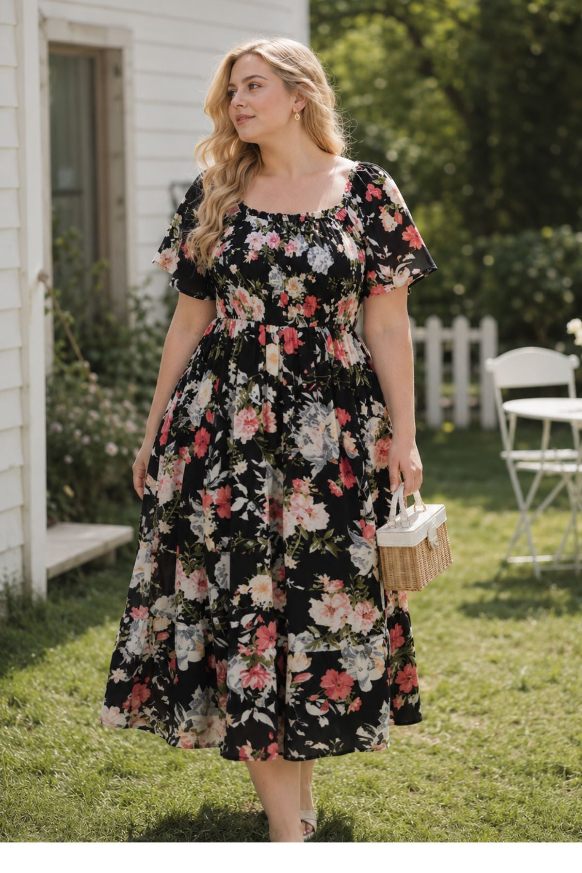 Floral Square Neck Smocked Lightweight Chiffon Midi Dress