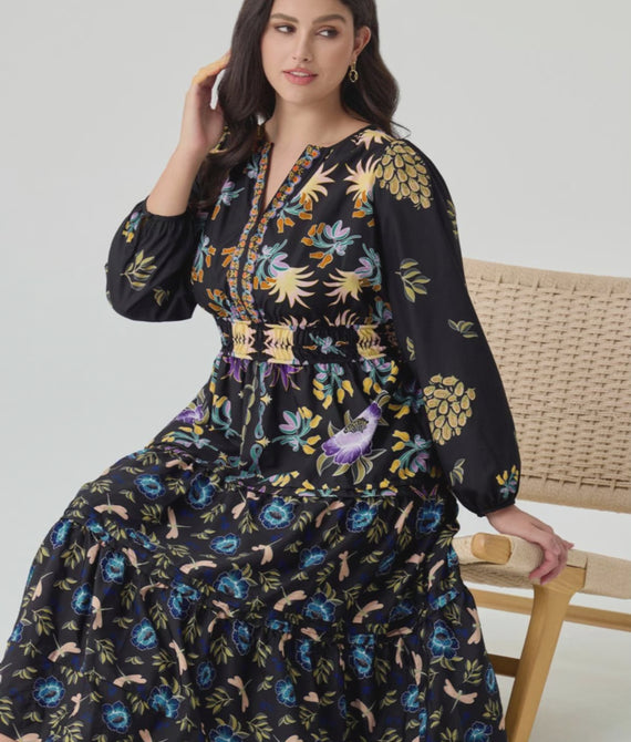 Folkloric Floral Print Smocked Waist Pockets Midi Dress